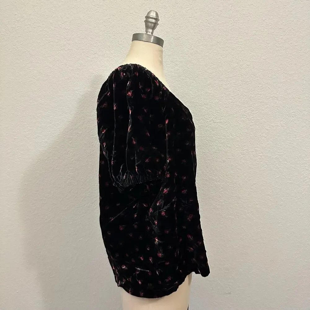 LOFT Blouse Black Ditsy Floral Velvet Short Puff Sleeve Sweetheart NWT